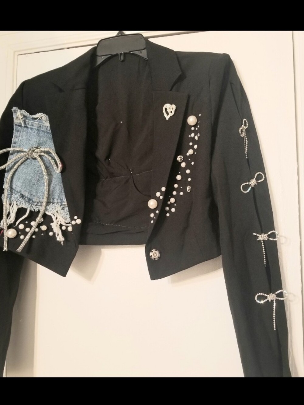 Custom Cropped Blazer- Black  Embellished Blazer Crystal Bow Denim Patch